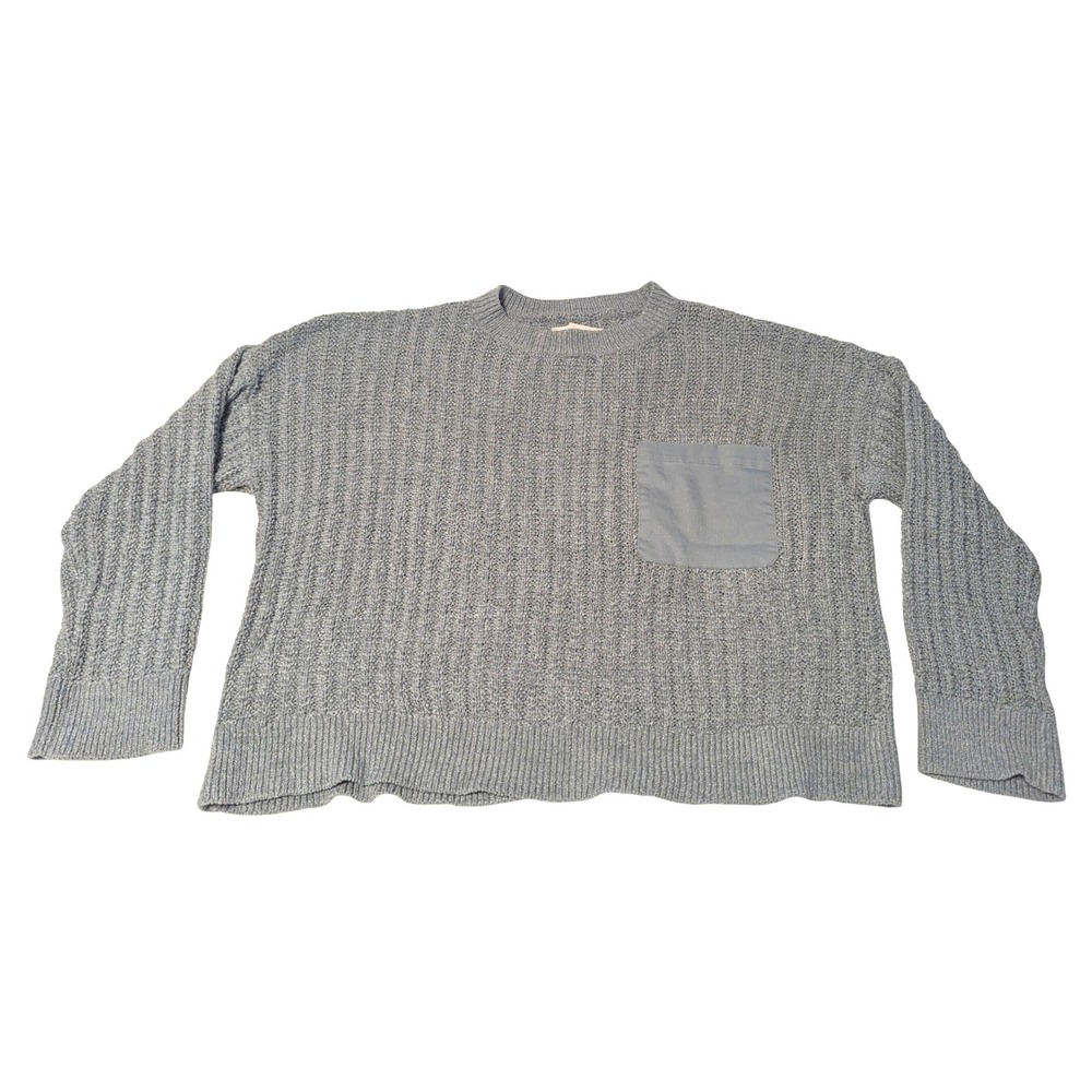 Loft Women's XL Cropped Shaker Knit Sweater Relaxed Crew Neck Green Chest Pocket